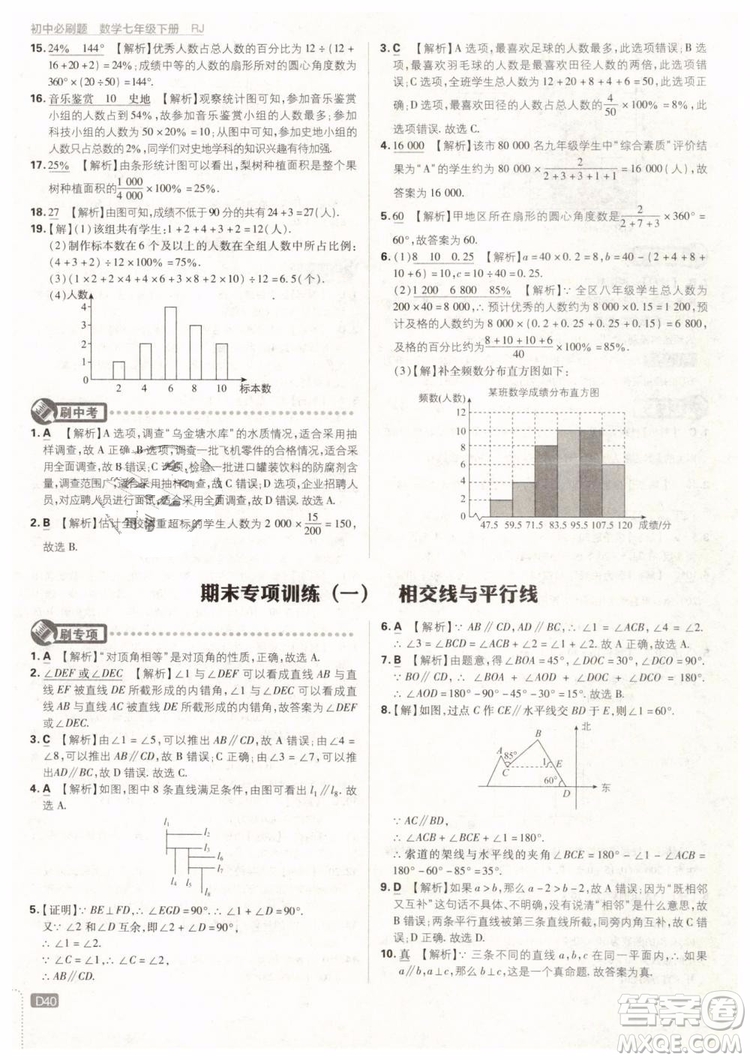 2019版初中必刷題七年級(jí)下冊(cè)數(shù)學(xué)RJ人教版參考答案