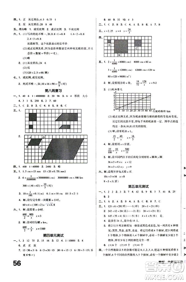 全品小復(fù)習(xí)2019春小學(xué)數(shù)學(xué)六年級(jí)下冊(cè)RJ人教版參考答案