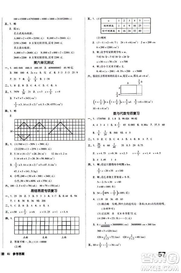 全品小復(fù)習(xí)2019春小學(xué)數(shù)學(xué)六年級(jí)下冊(cè)RJ人教版參考答案