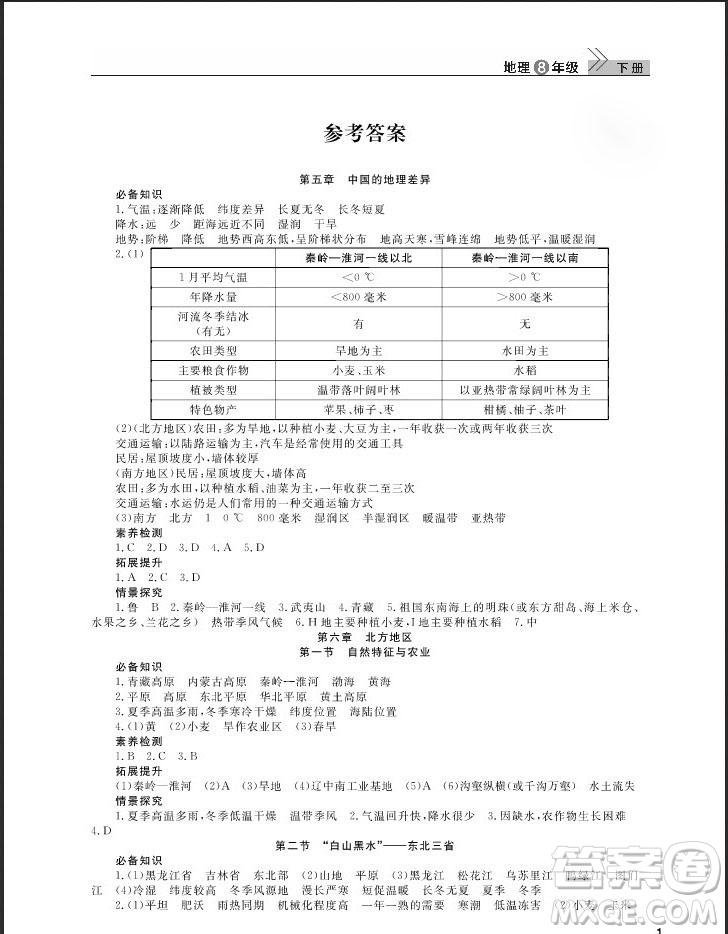 武漢出版社2019智慧學(xué)習(xí)課堂作業(yè)八年級地理下冊人教版答案