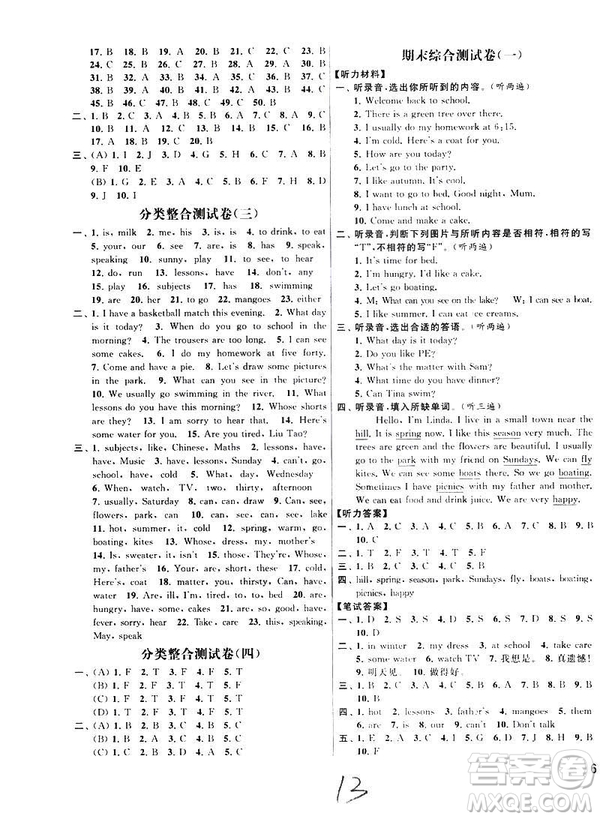 亮點給力大試卷2019春英語四年級下冊新課標江蘇版第2版答案