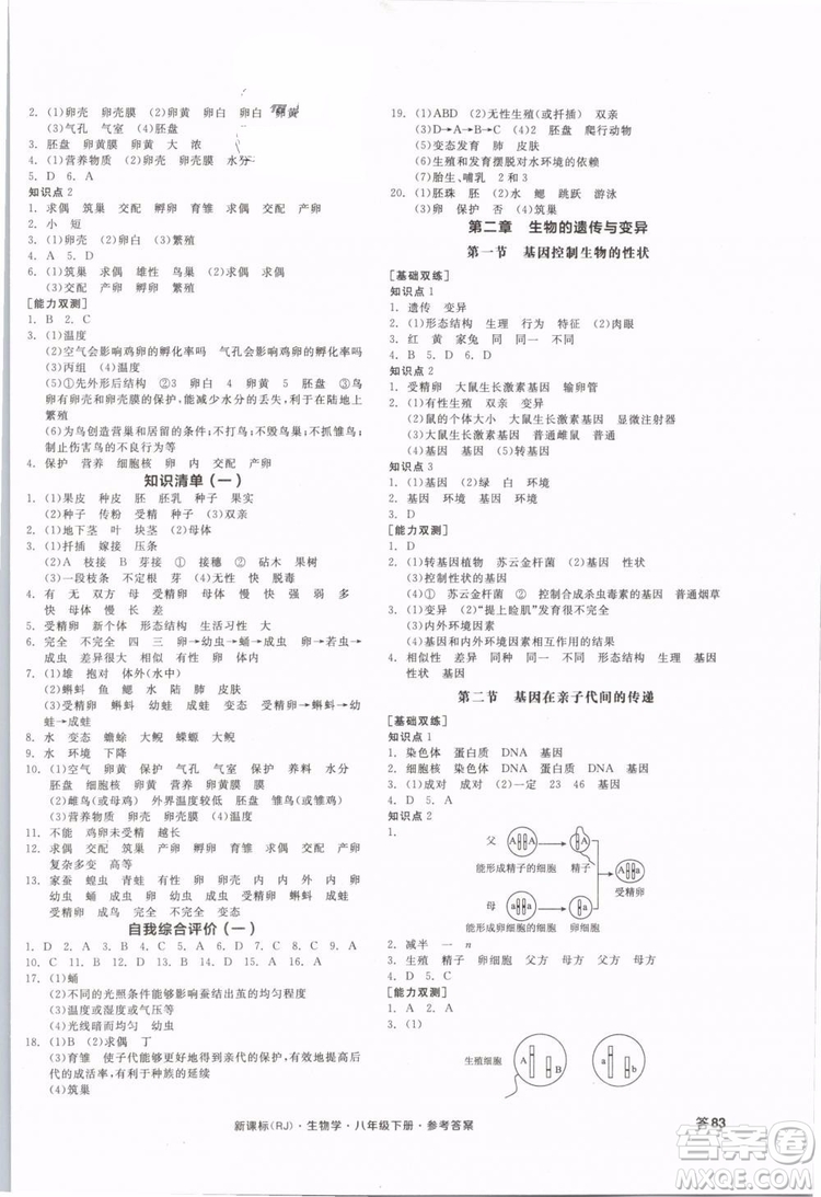 2019版全品作業(yè)本八年級(jí)下冊(cè)生物學(xué)RJ人教版參考答案