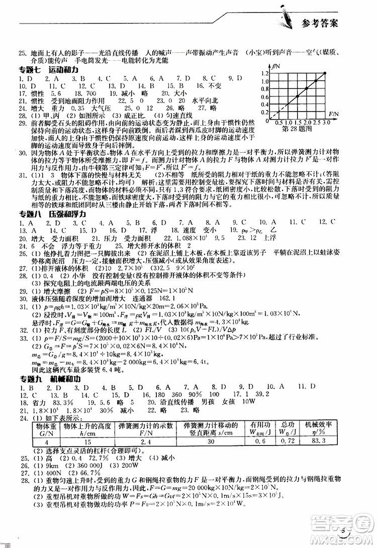 2019年長江作業(yè)本九年級下冊物理人教版同步練習冊參考答案