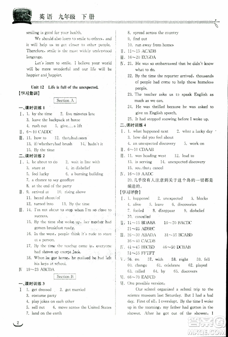 2019新版長江作業(yè)本同步練習(xí)冊九年級英語下冊人教版參考答案