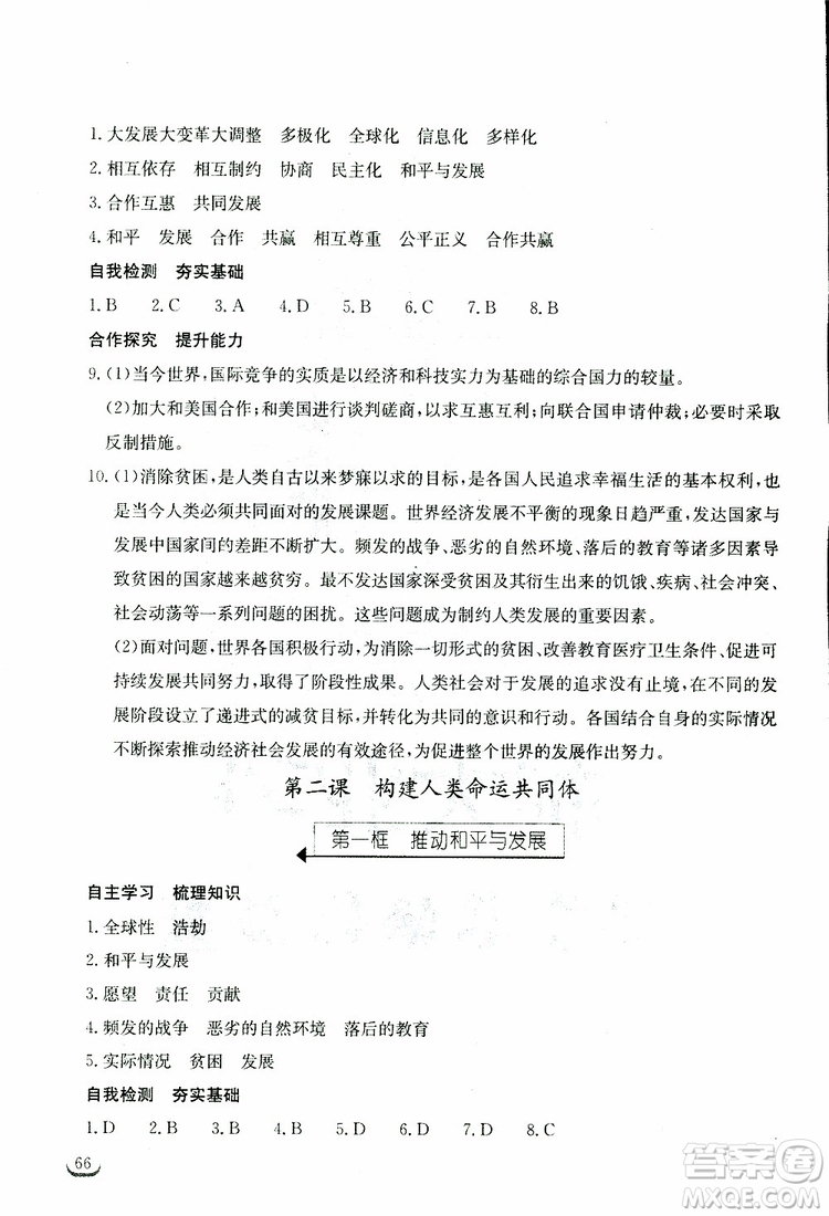 2019年長(zhǎng)江作業(yè)本同步練習(xí)冊(cè)九年級(jí)下冊(cè)道德與法治人教版參考答案