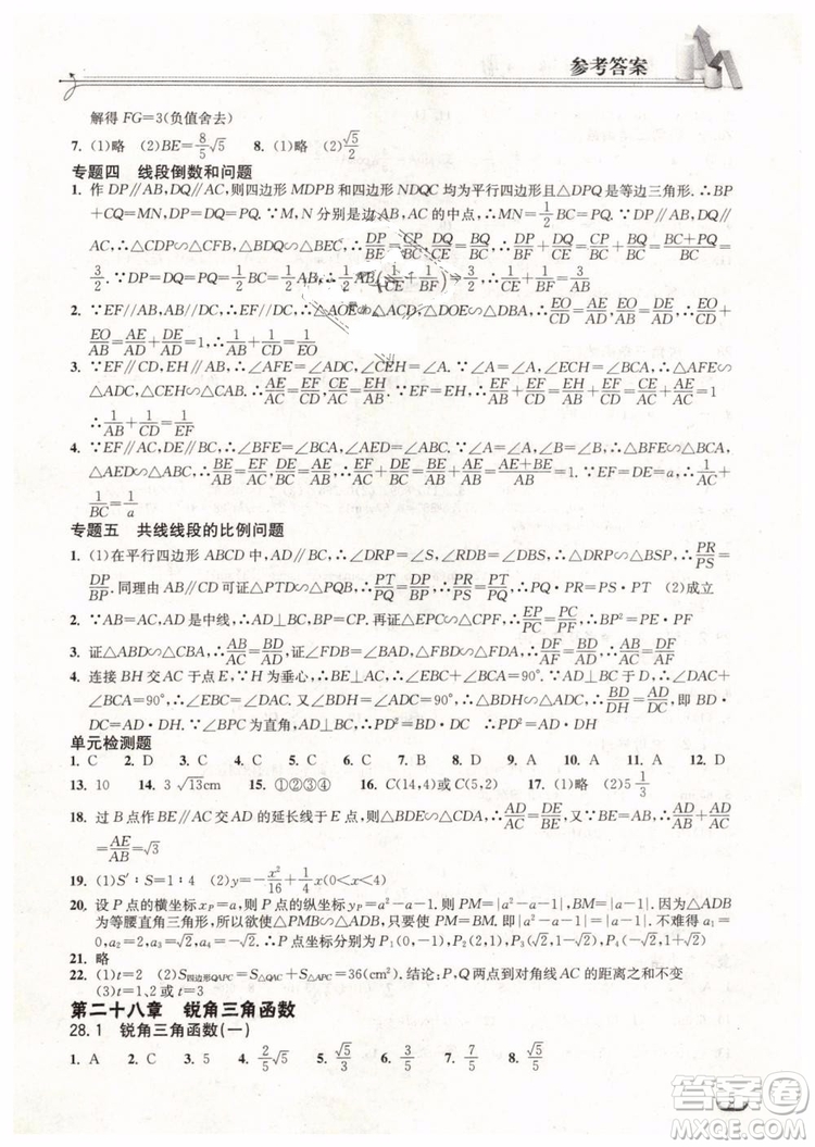 2019新版長江作業(yè)本同步練習冊九年級數(shù)學下冊人教版參考答案