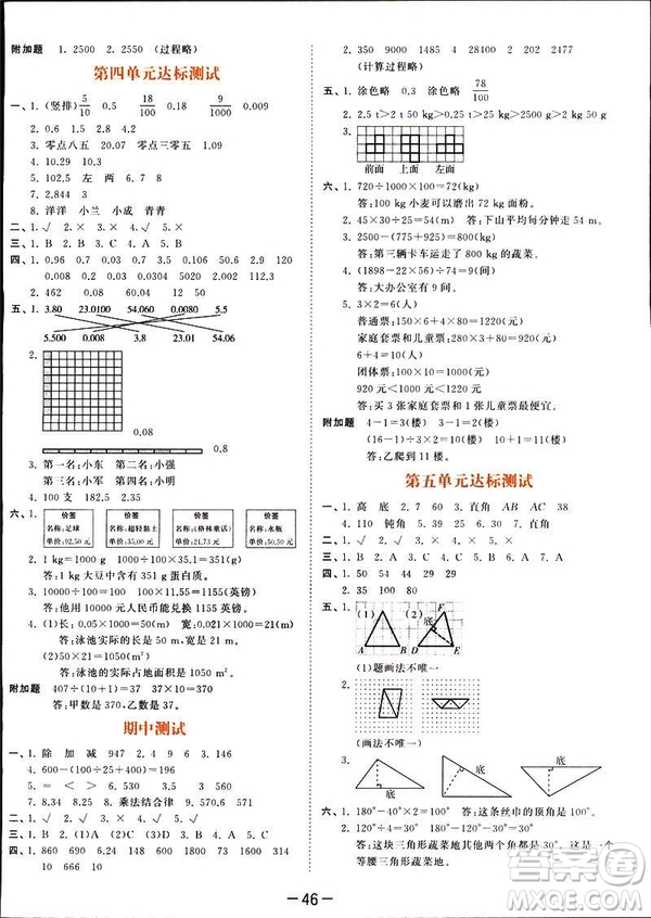 小兒郎2019春53天天練四年級下冊小學(xué)數(shù)學(xué)人教版參考答案