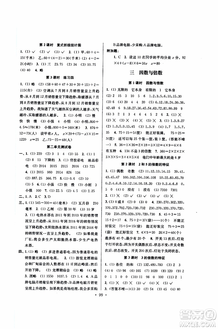 江蘇人民出版社2019南通小題課時作業(yè)本五年級數(shù)學(xué)下冊江蘇版參考答案