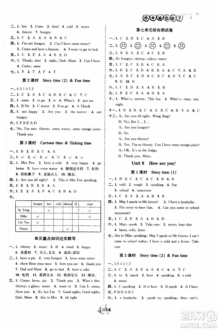 譯林版2019南通小題課時作業(yè)本四年級下冊英語參考答案