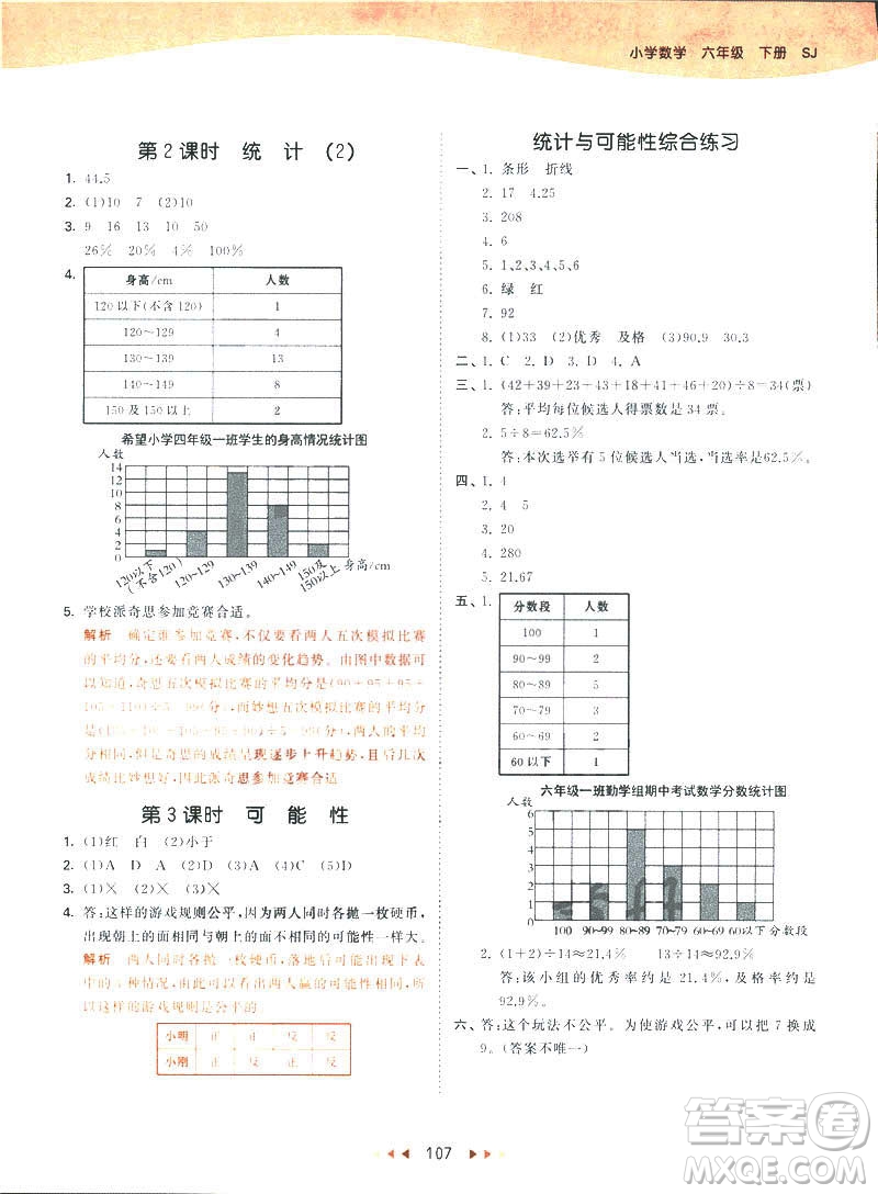 曲一線2019春53天天練六年級下冊數(shù)學蘇教版參考答案