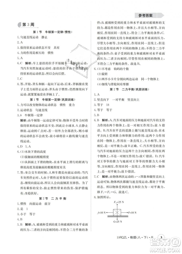 2019新版金太陽教育日清周練人教版八年級物理下冊參考答案