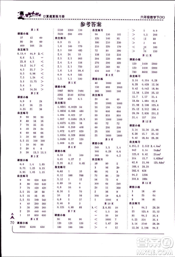 2019年春人教版RJ黃岡小狀元口算速算練習冊六年級下冊參考答案