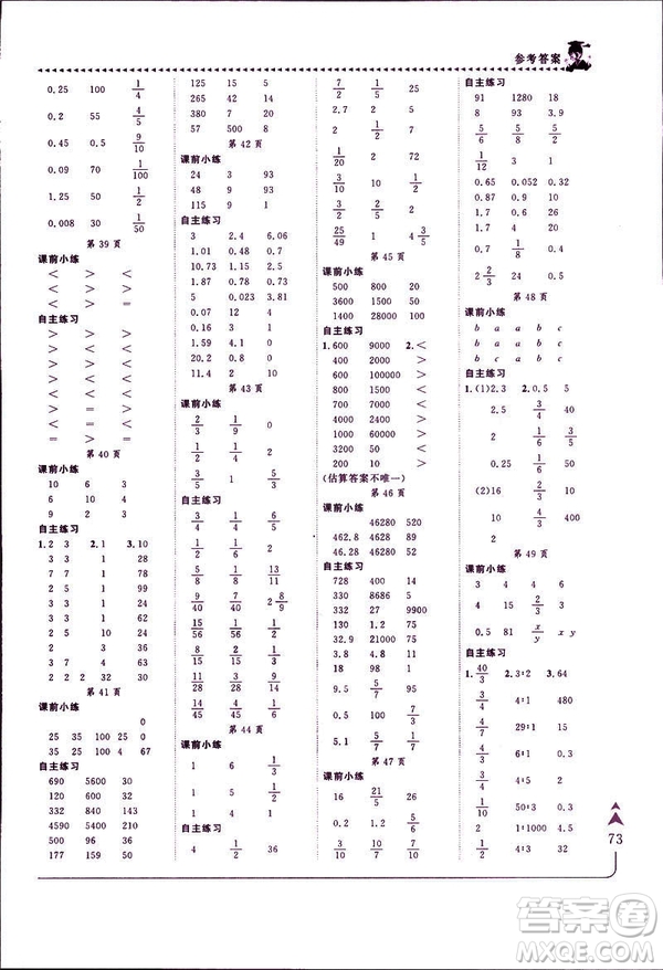 2019年春人教版RJ黃岡小狀元口算速算練習冊六年級下冊參考答案