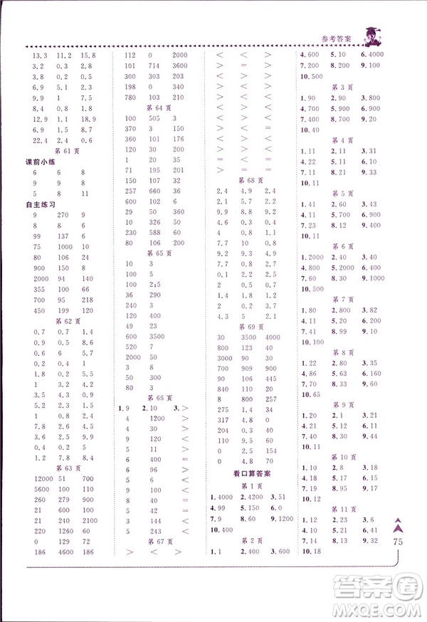 2019春黃岡小狀元口算速算練習(xí)冊(cè)三年級(jí)數(shù)學(xué)下冊(cè)人教版答案