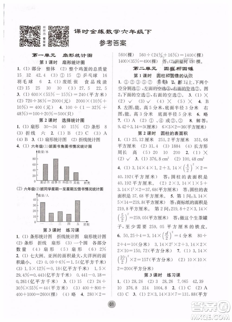 2019春課時(shí)金練六年級(jí)下冊(cè)數(shù)學(xué)江蘇版參考答案