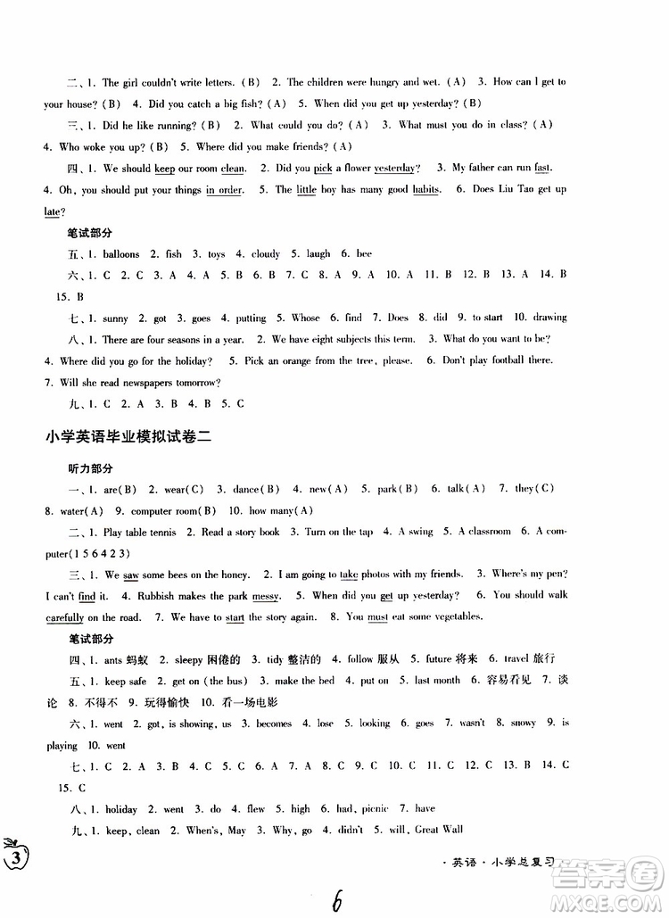 東南大學(xué)出版社2019年江蘇密卷六年級(jí)英語小學(xué)總復(fù)習(xí)參考答案