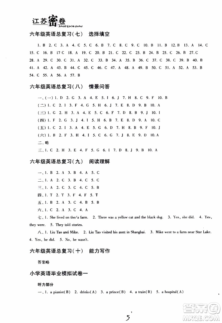 東南大學(xué)出版社2019年江蘇密卷六年級(jí)英語小學(xué)總復(fù)習(xí)參考答案