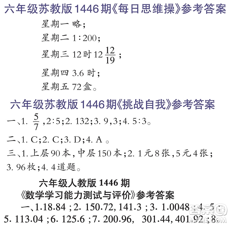 小學(xué)生數(shù)學(xué)報2019年六年級第1446期答案