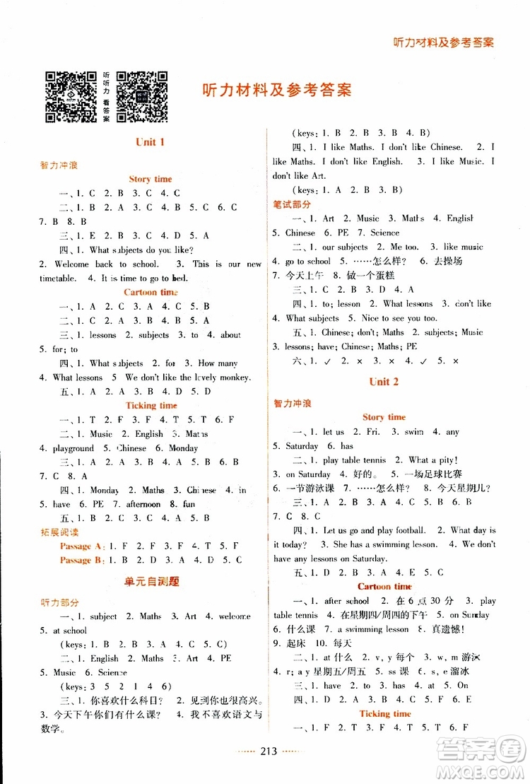 2019春名師點撥四年級英語下江蘇版參考答案