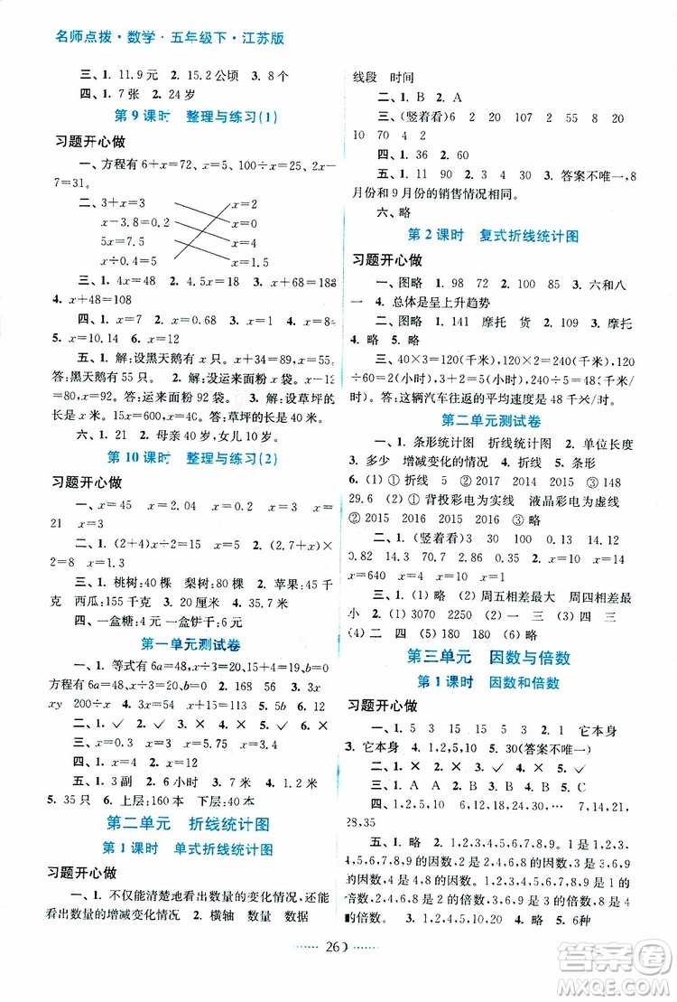 2019年名師點(diǎn)撥課課通教材全解析五年級(jí)數(shù)學(xué)下蘇教版參考答案