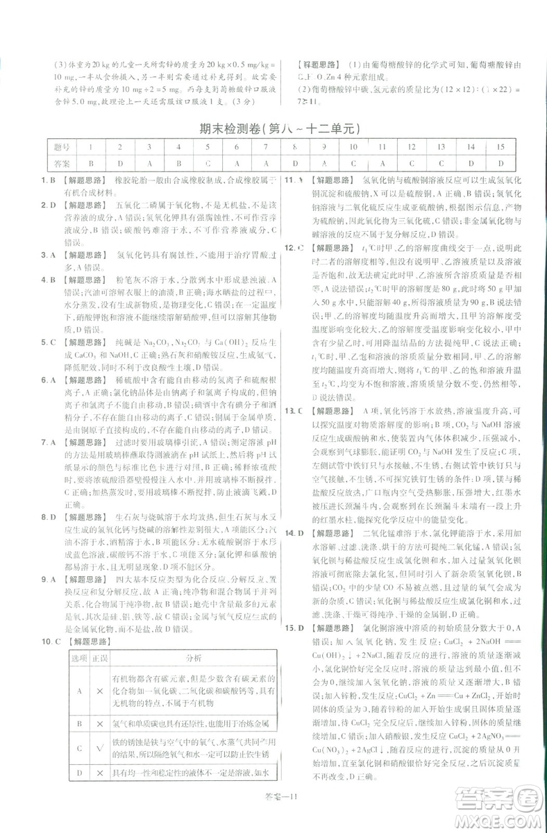 2019版一遍過(guò)初中化學(xué)九年級(jí)下冊(cè)RJ人教版南京師范大學(xué)出版社答案