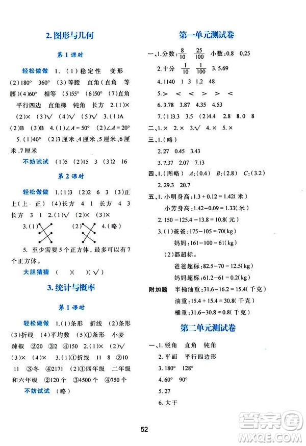 2019年春四年級數(shù)學(xué)新課程學(xué)習(xí)與評價下冊C版北師大版參考答案