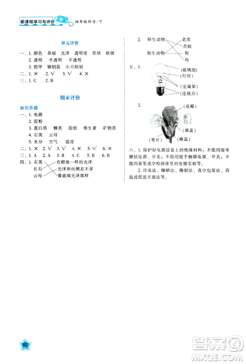 2019年新課程學(xué)習(xí)與評價K版四年級下冊科學(xué)套教科版答案