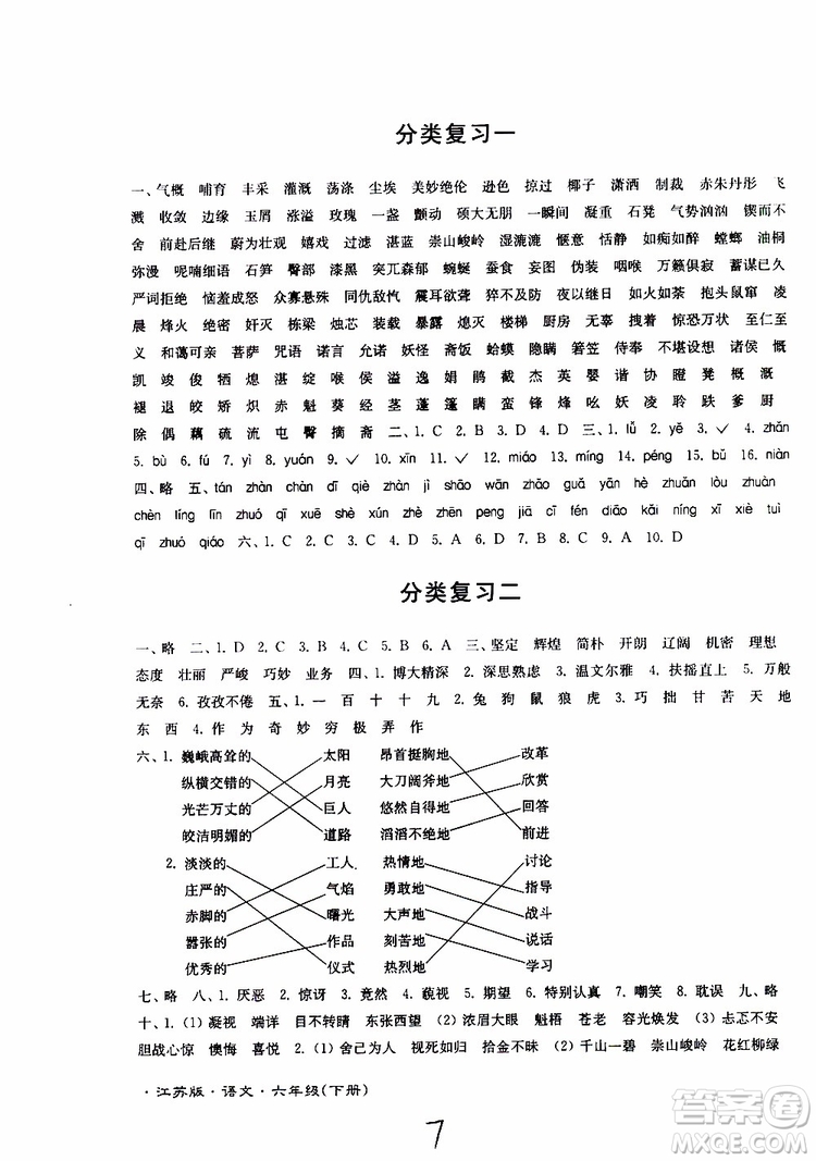 2019春江蘇密卷六年級下冊語文江蘇版9787564131081參考答案