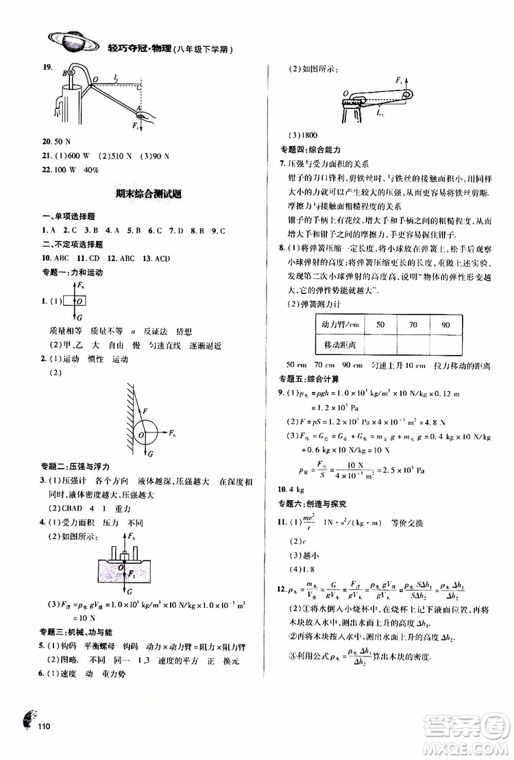 金博士2019年輕巧奪冠八年級物理下冊青島專版參考答案