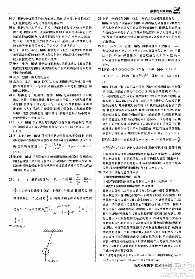 江蘇科技版銀版2019春1+1輕巧奪冠優(yōu)化訓(xùn)練八年級下冊物理參考答案