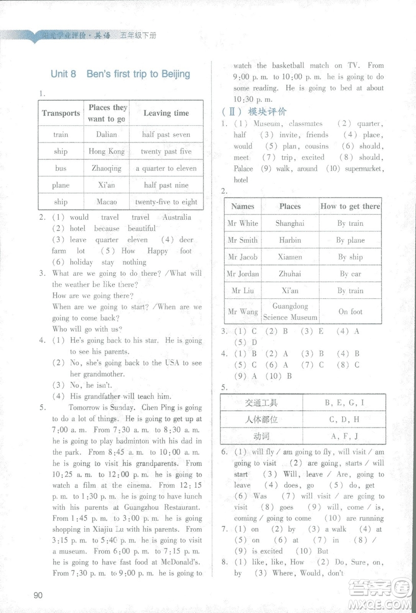 2019年教科版陽(yáng)光學(xué)業(yè)評(píng)價(jià)五年級(jí)下冊(cè)英語(yǔ)廣州專用參考答案