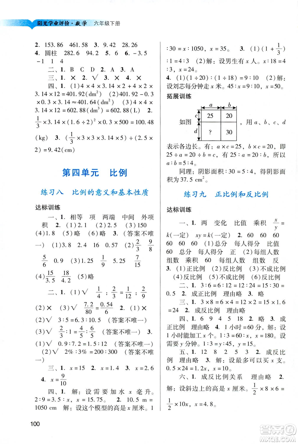 2019陽光學(xué)業(yè)評(píng)價(jià)六年級(jí)下冊(cè)數(shù)學(xué)人教版廣州專用答案