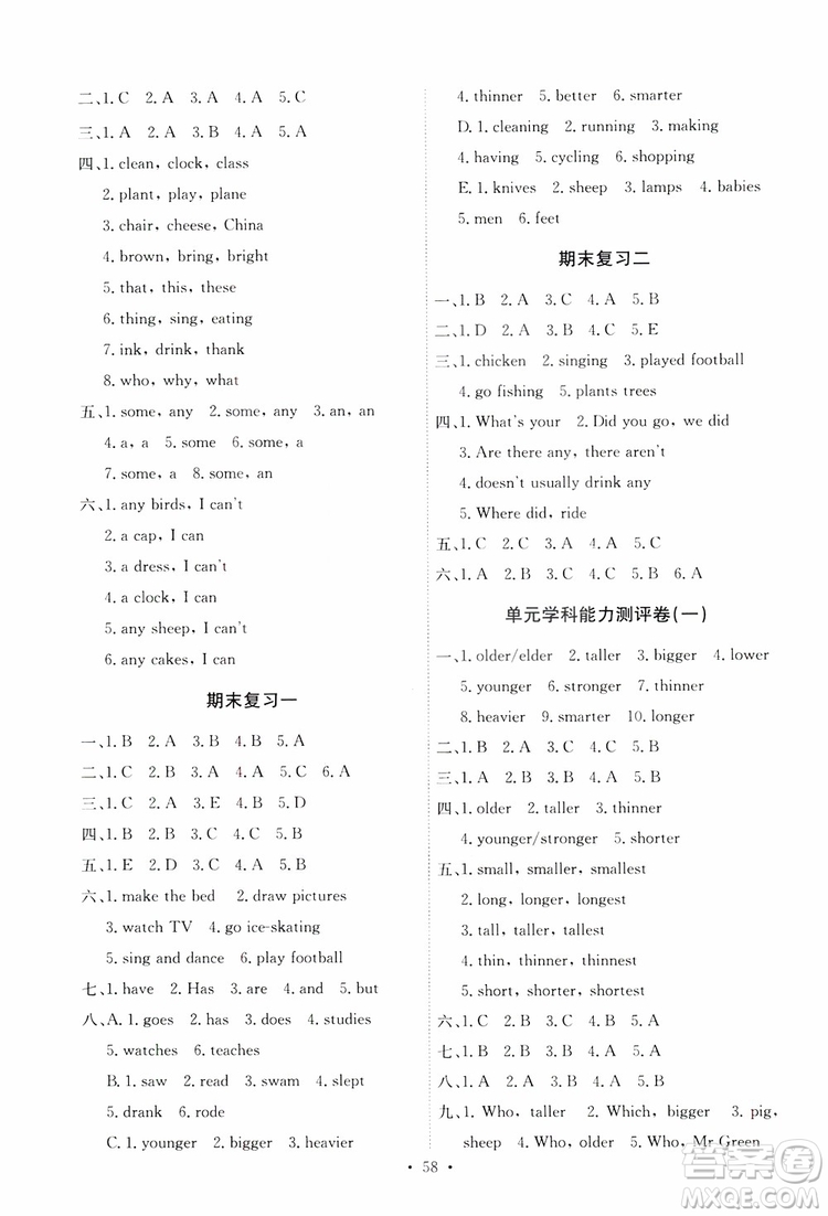 人教PEP版2019年六年級下冊英語能力培養(yǎng)與測試參考答案