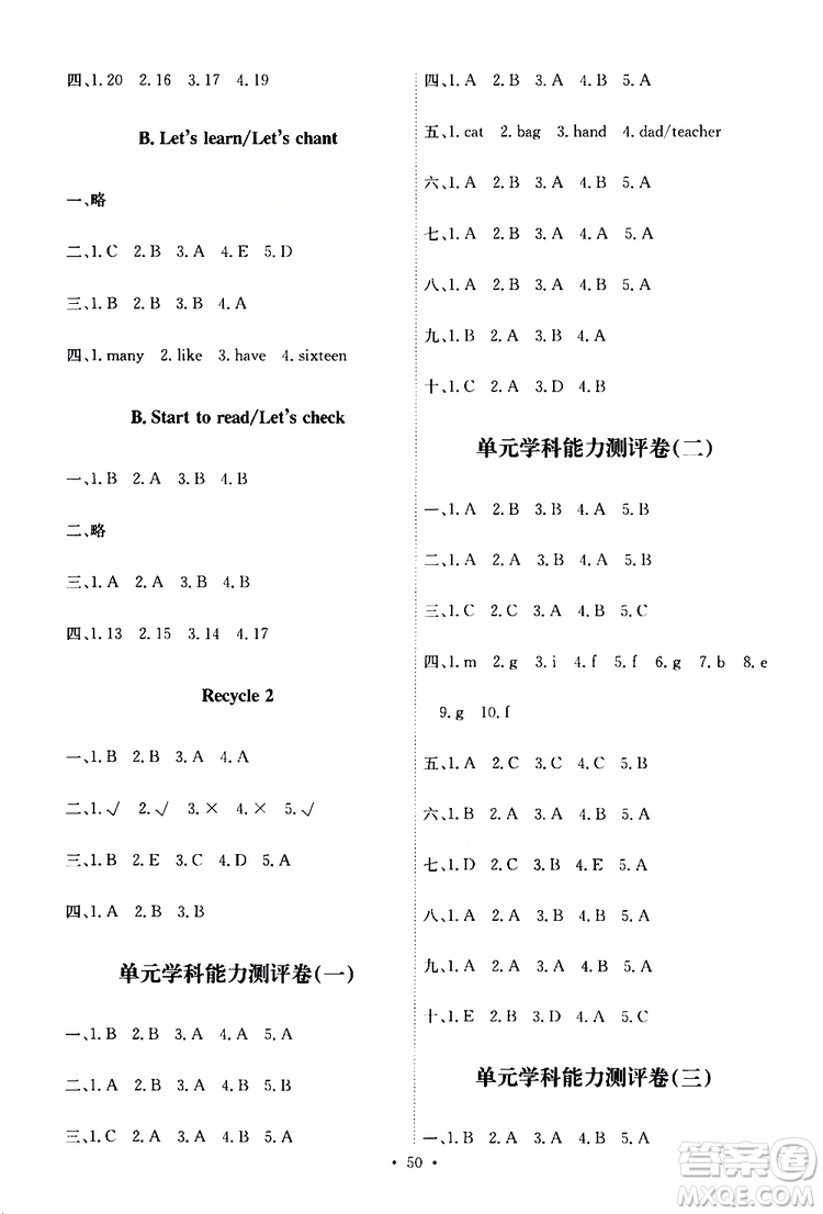 人教版PEP版2019年小學(xué)英語能力培養(yǎng)與測(cè)試三年級(jí)下冊(cè)參考答案