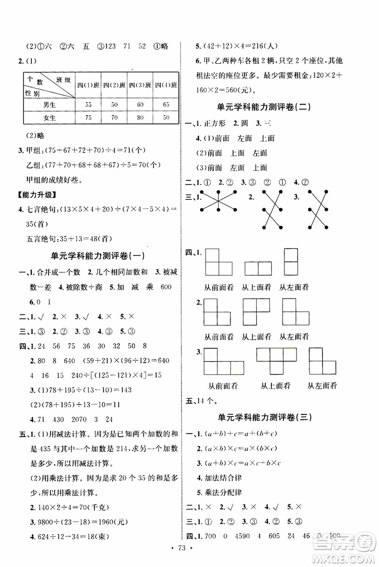 人教版2019年小學(xué)四年級下冊數(shù)學(xué)能力培養(yǎng)與測試參考答案