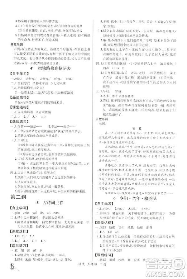 2019新人教版小學(xué)五年級(jí)下冊(cè)語文課時(shí)練同步導(dǎo)學(xué)案河北專版答案