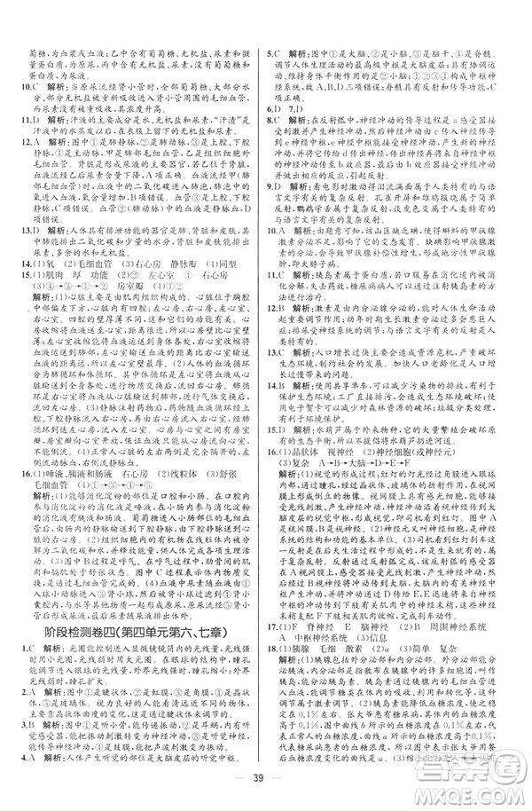 2019人教版七年級下冊生物學課時練同步學歷案河北專版參考答案