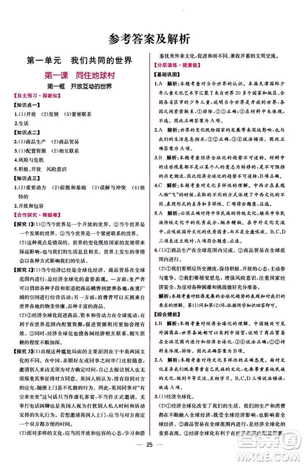 2019人教版九年級下冊道德與法治課時練同步學(xué)歷案答案