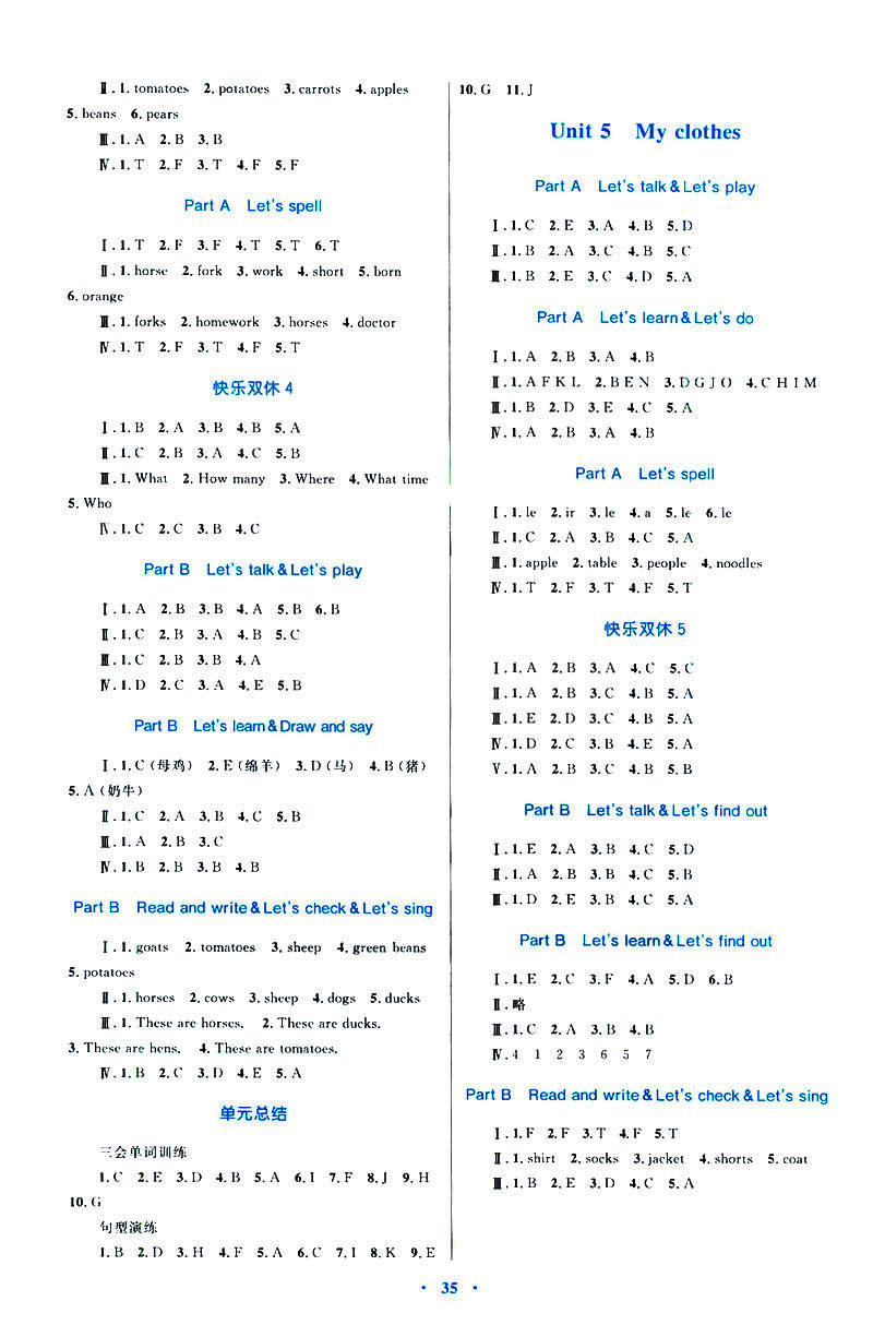 2019年新課標(biāo)人教版學(xué)習(xí)目標(biāo)與檢測(cè)四年級(jí)英語下冊(cè)答案