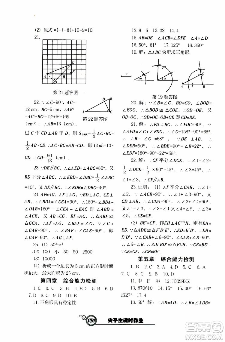 2019版尖子生新課堂課時作業(yè)七年級數(shù)學(xué)下冊BS版參考答案