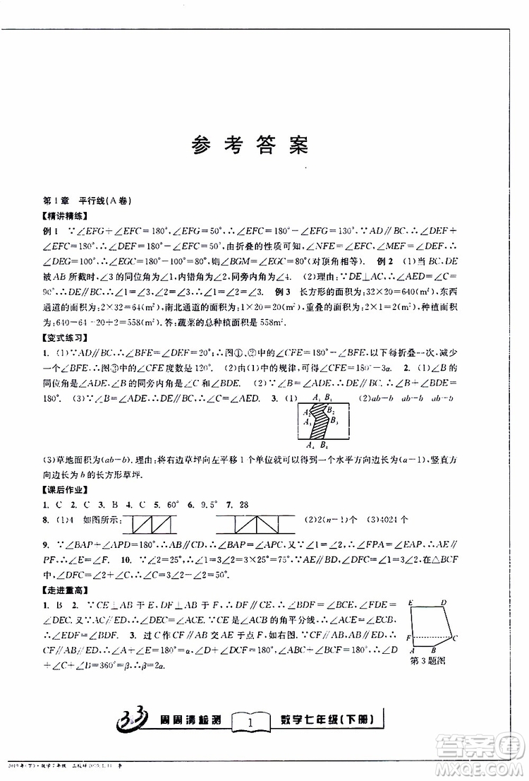 BFB系列叢書2019春尖子生周周清檢測七年級(jí)數(shù)學(xué)下冊浙教版參考答案