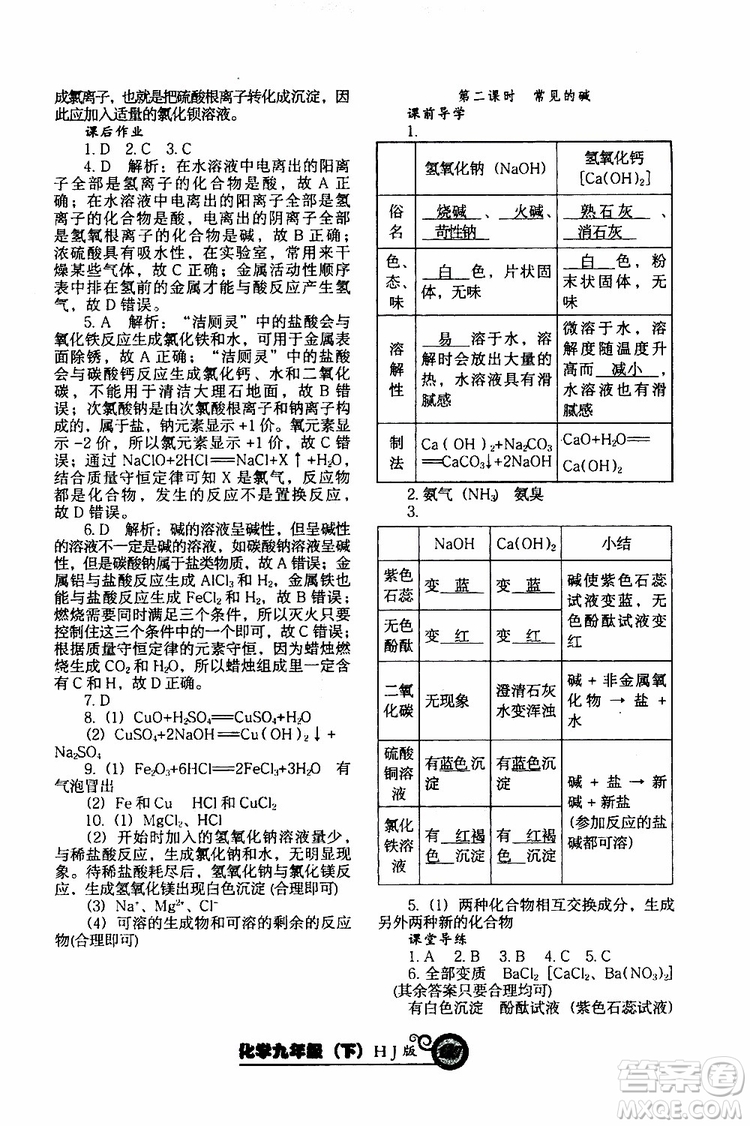 2019年尖子生新課堂課時作業(yè)化學(xué)九年級下冊HJ版滬教版參考答案