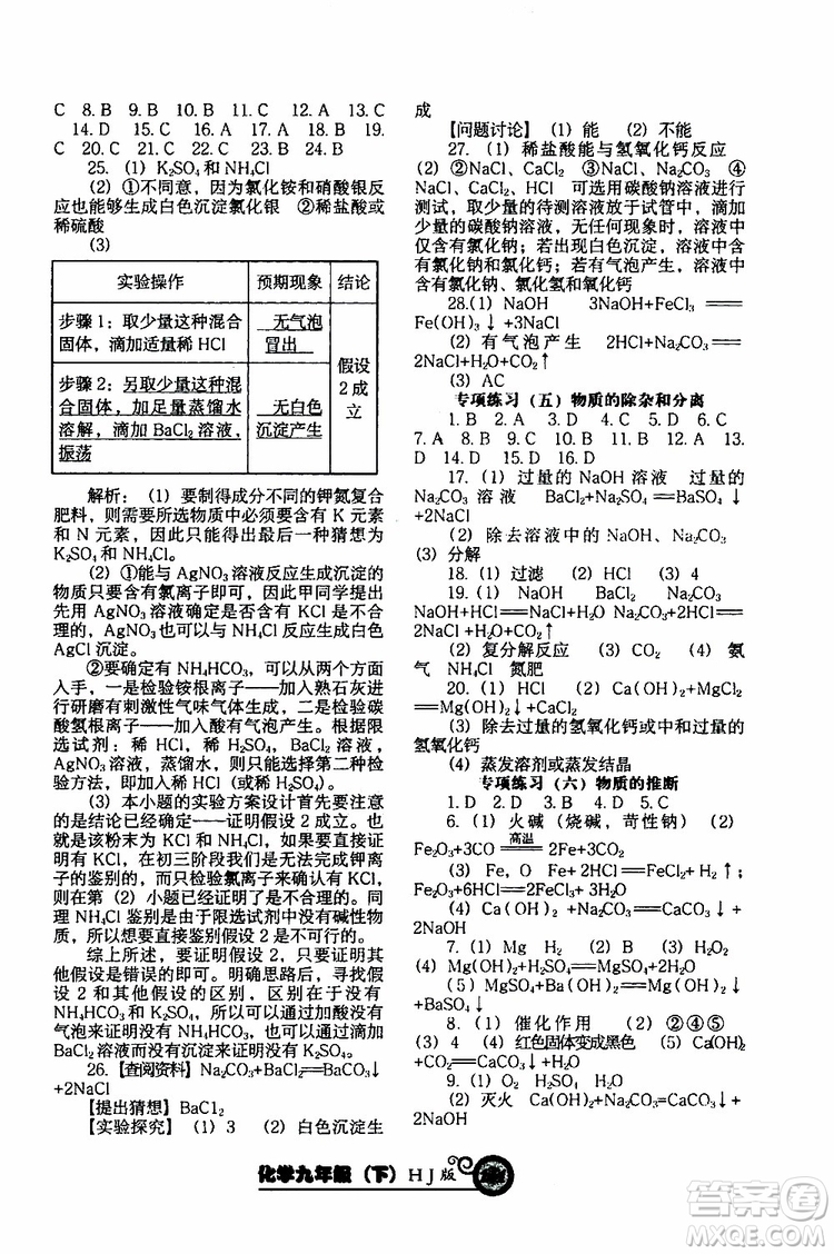 2019年尖子生新課堂課時作業(yè)化學(xué)九年級下冊HJ版滬教版參考答案