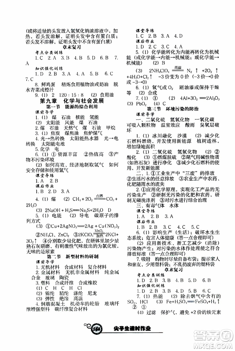 2019年尖子生新課堂課時作業(yè)化學(xué)九年級下冊HJ版滬教版參考答案