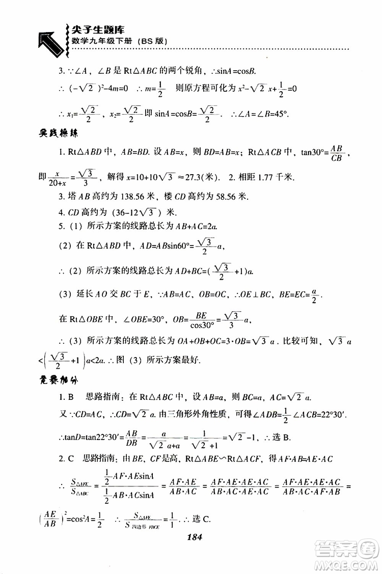 2019年尖子生題庫數(shù)學(xué)九年級(jí)下冊(cè)BS版北師版參考答案