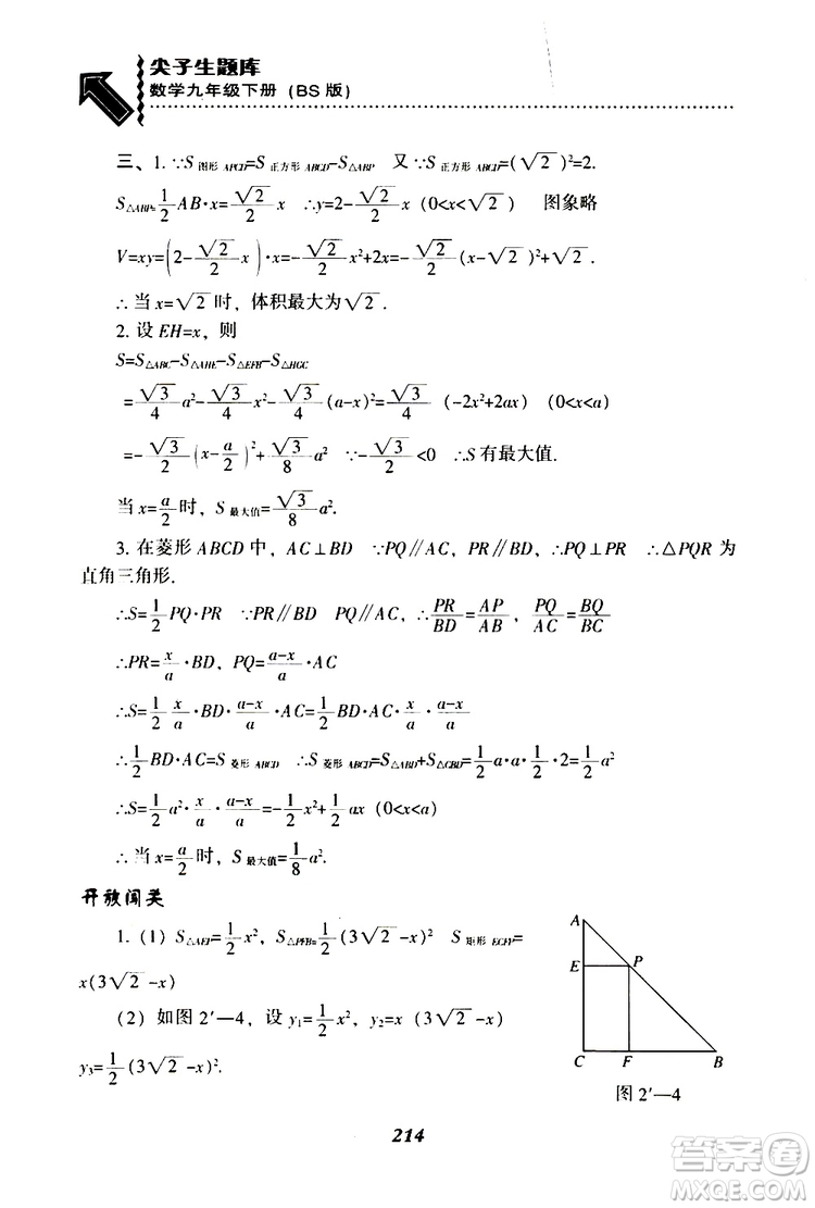 2019年尖子生題庫數(shù)學(xué)九年級(jí)下冊(cè)BS版北師版參考答案