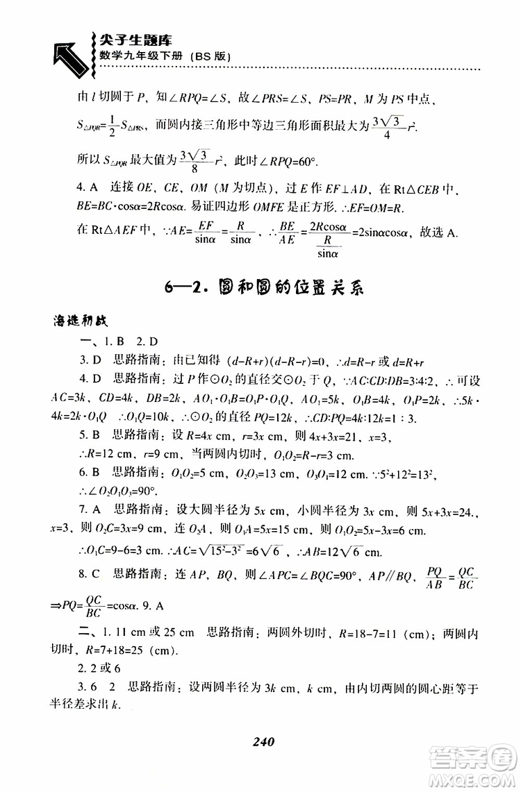 2019年尖子生題庫數(shù)學(xué)九年級(jí)下冊(cè)BS版北師版參考答案