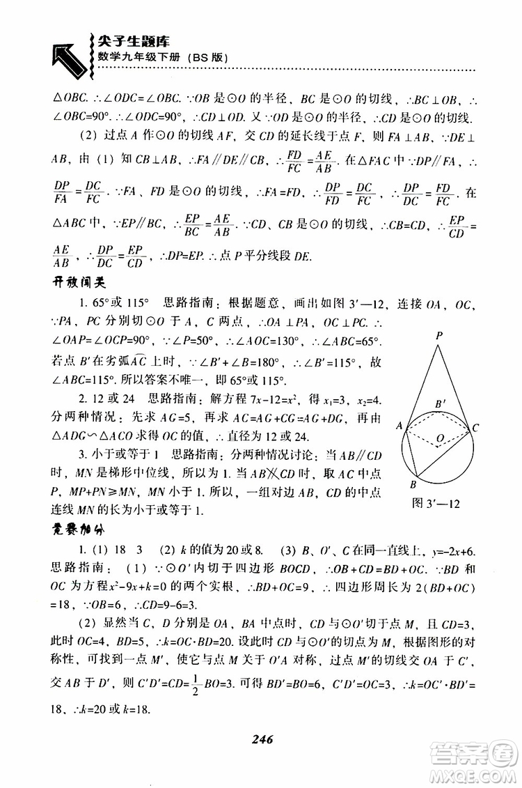 2019年尖子生題庫數(shù)學(xué)九年級(jí)下冊(cè)BS版北師版參考答案