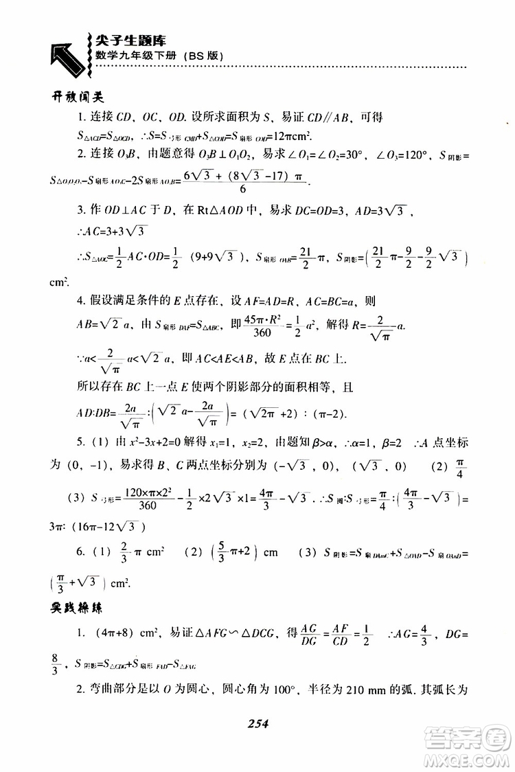 2019年尖子生題庫數(shù)學(xué)九年級(jí)下冊(cè)BS版北師版參考答案