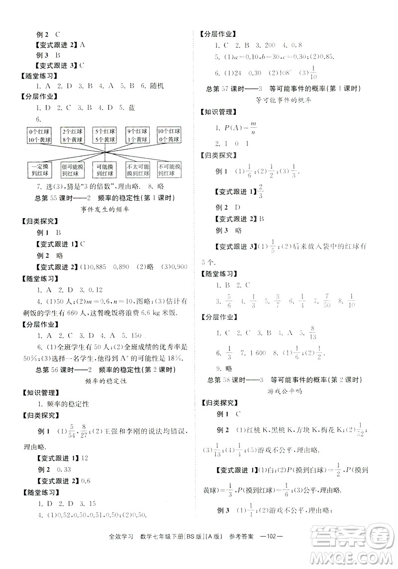 2019版全效學(xué)習(xí)學(xué)業(yè)評價方案數(shù)學(xué)七年級下冊A冊BS北師大版答案